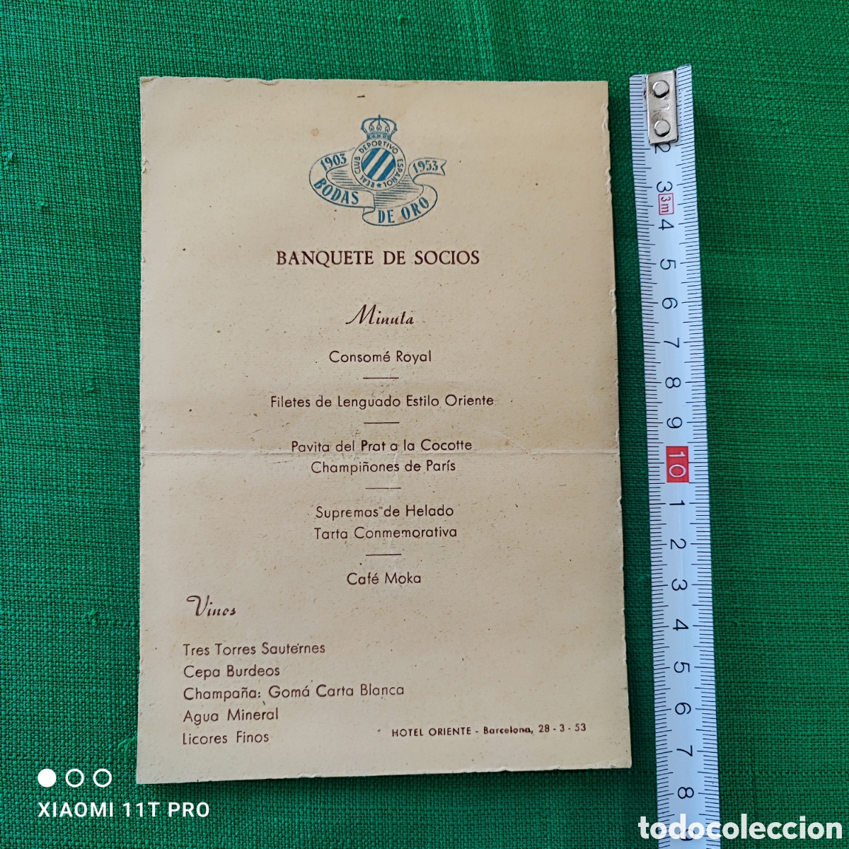 Documentos antiguos: Minuta celebraci&oacute;n bodas de oro R.C.D Espa&ntilde;ol banquetes socios.