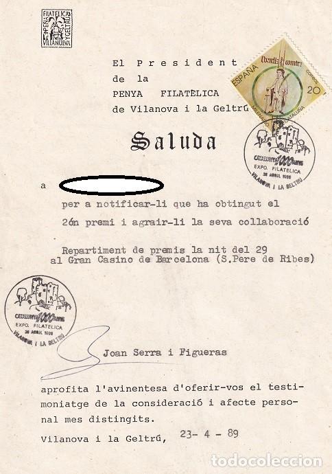 Documentos antiguos: Vilanova i la Geltr&uacute; 1989 - Notificaci&oacute;n obtenci&oacute;n de segundo premio en concurso - Penya Filat&eacute;lica