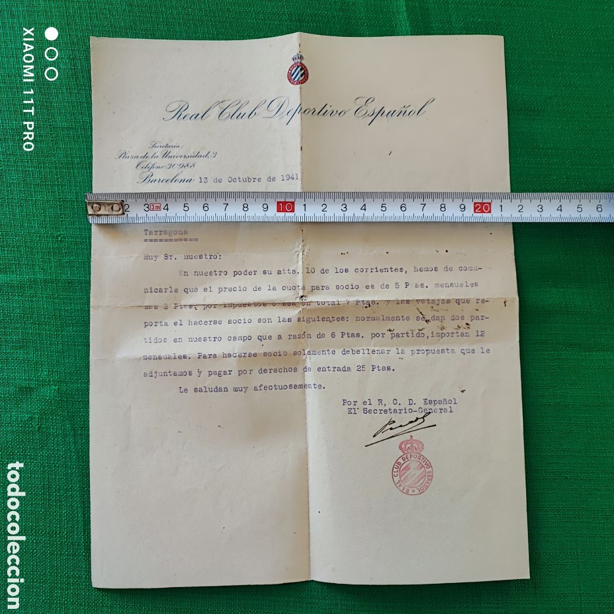 Documentos antiguos: Carta circular R.C.D. Espa&ntilde;ol del a&ntilde;o 1941.