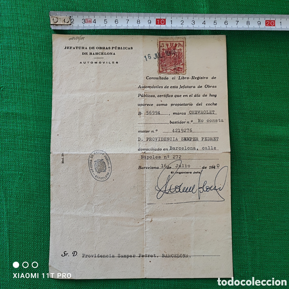 Documentos antiguos: Documento republica certificado de propiedad autom&oacute;vil Chevrolet a&ntilde;o 1940.