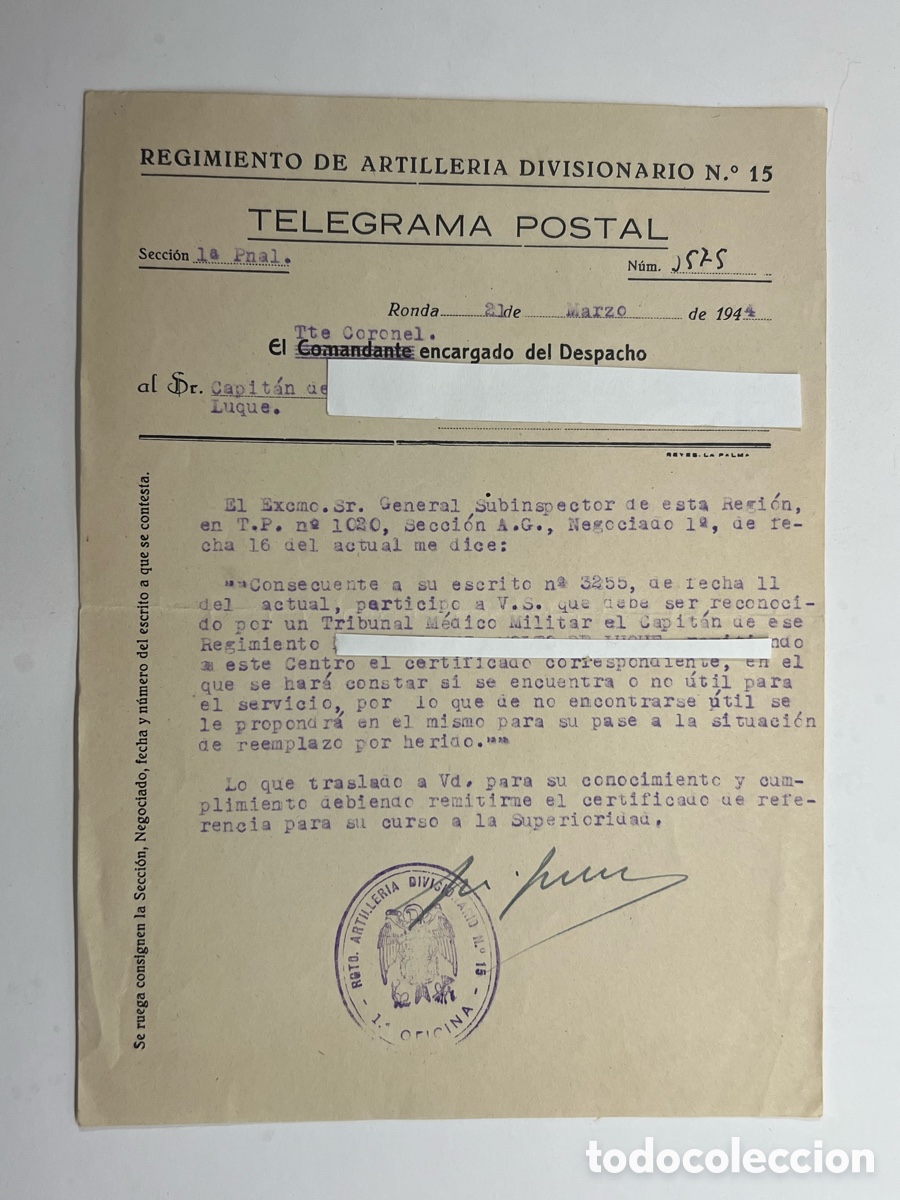Documentos antiguos: DIVISI&Oacute;N AZUL Regimiento Artiller&iacute;a Divisionario No.15 Reconocimiento M&eacute;dico &Uacute;til o herido? (a.1944)