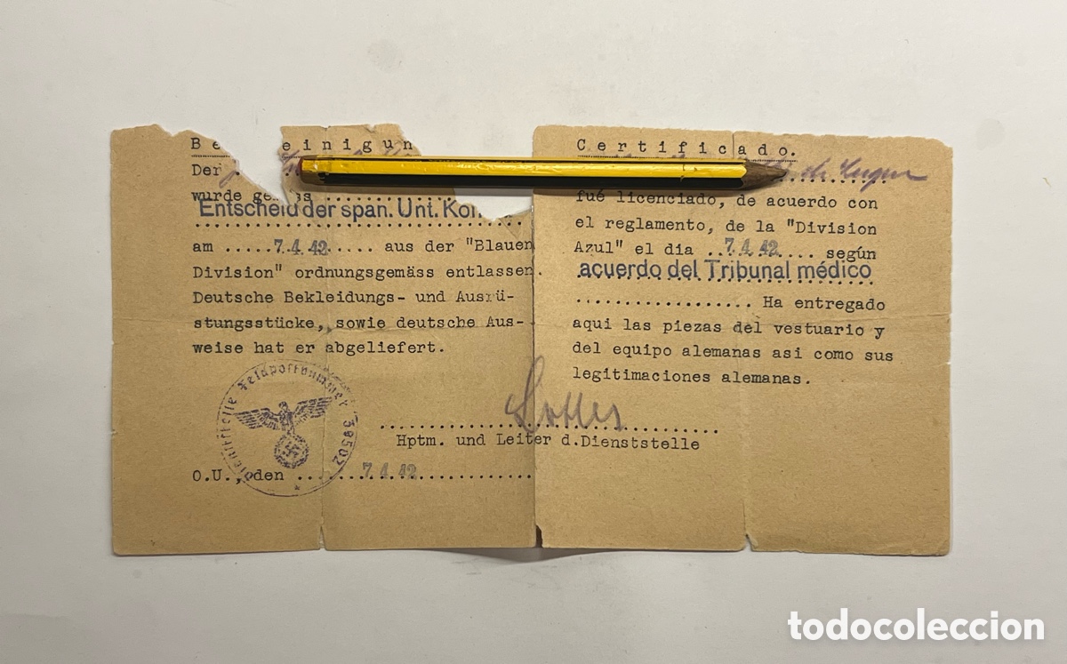 Documentos antiguos: DIVISI&Oacute;N AZUL. Resguardo Certificado.. fue licenciado seg&uacute;n acuerdo Tribunal M&eacute;dico.. (a.1942)