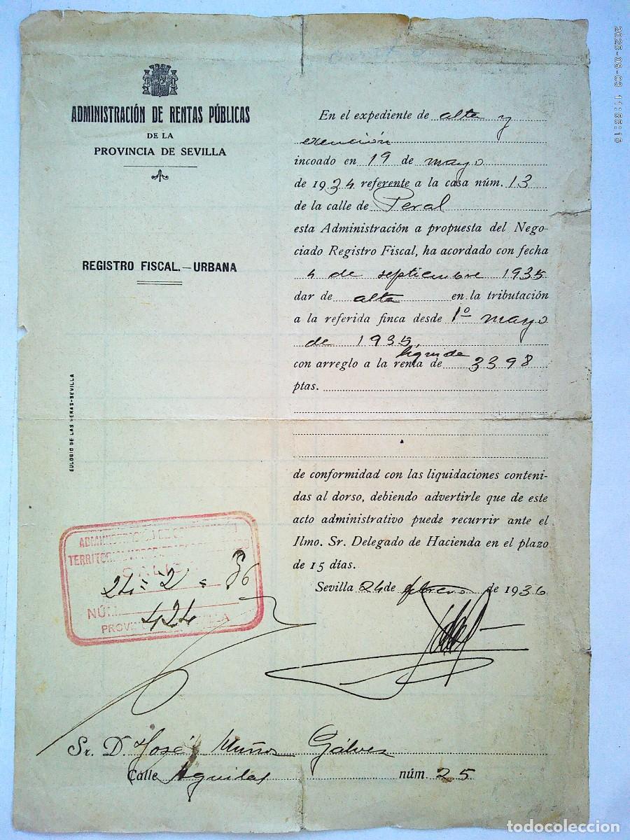 Documentos antiguos: REPUBLICA - ADMON. DE RENTAS PUBLICAS: ALTA DE UNA FINCA . SEVILLA 1936