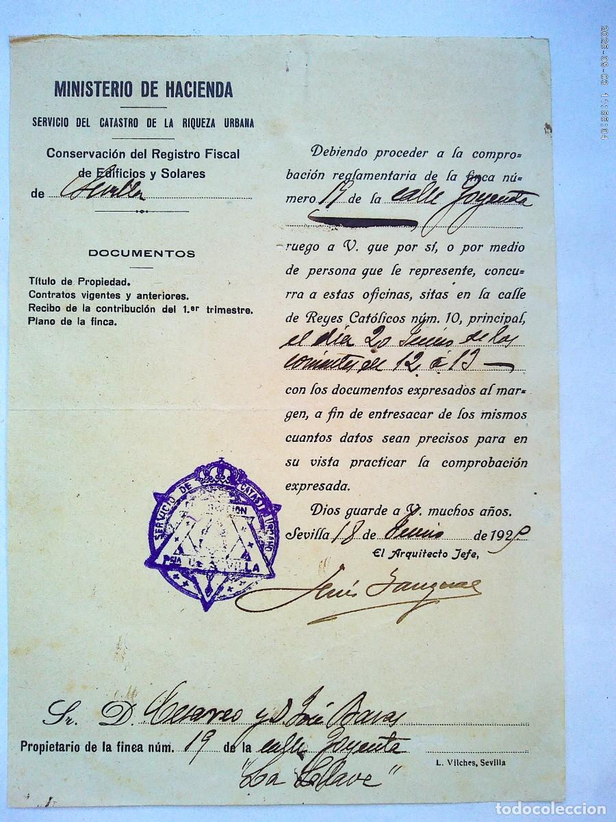 Documents Anciens: MINISTERIO HACIENDA - CATASTRO RIQUEZA URBANA : NOTA COMPROBACION FINCA. SEVILLA 1929, RARO CU&Ntilde;O