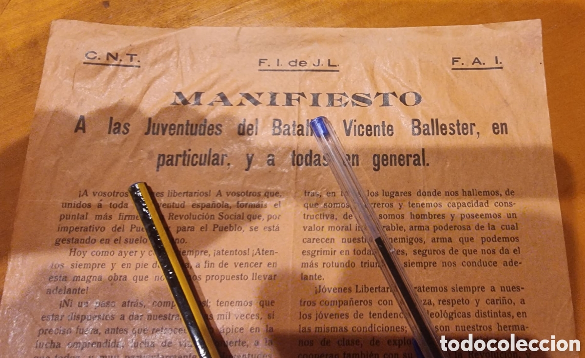 Documentos antiguos: Guerra Civil CNT FAI M&aacute;laga Batall&oacute;n Vicente Ballester pieza hist&oacute;rica muy rara