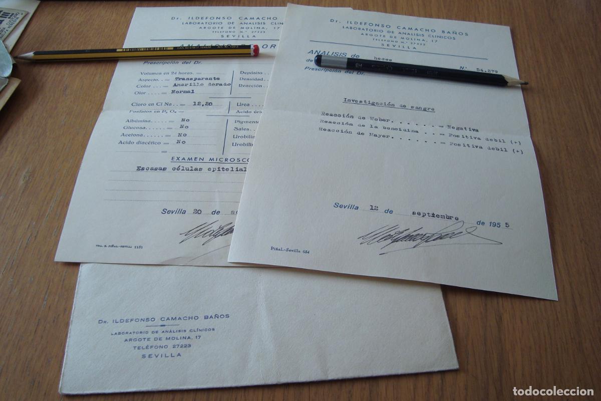 Documentos antiguos: RESULTADOS LABORATORIO ANALISIS CLINICOS. DR. ILDEFONSO CAMACHO BA&Ntilde;OS. SEVILLA 1955.