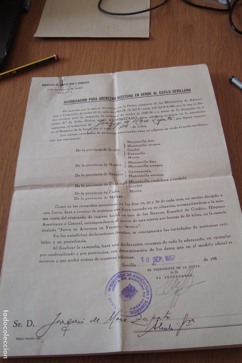 Documentos antiguos: MINISTERIO AGRICULTURA. AUTORIZACION ADEREZAR ACEITUNA VERDE ESTILO SEVILLANO. 1957