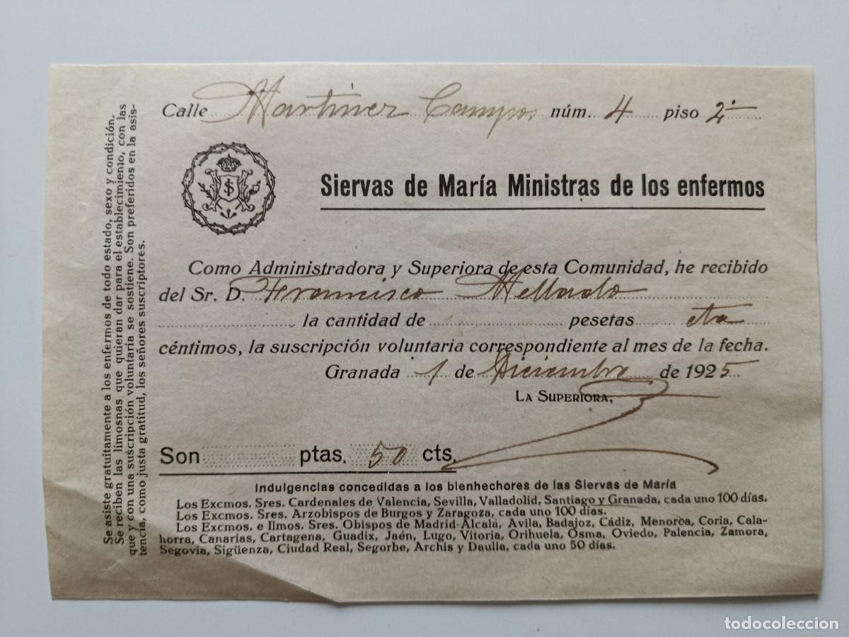 Documentos antiguos: RECIBO DE DONATIVO A LAS SIERVAS DE MAR&Iacute;A MINISTRAS DE ENFERMOS. GRANADA. 1925