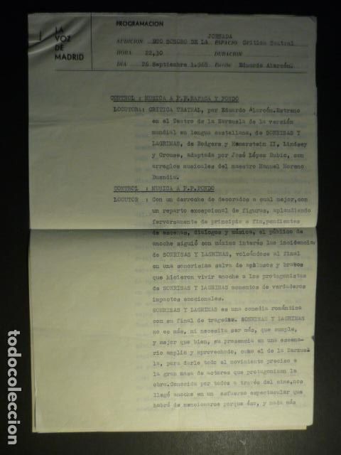 Documents Anciens: COMEDIA MUSICAL SONRISAS Y LAGRIMAS RADIO LA VOZ DE MADRID DOCUMENTACION 1968