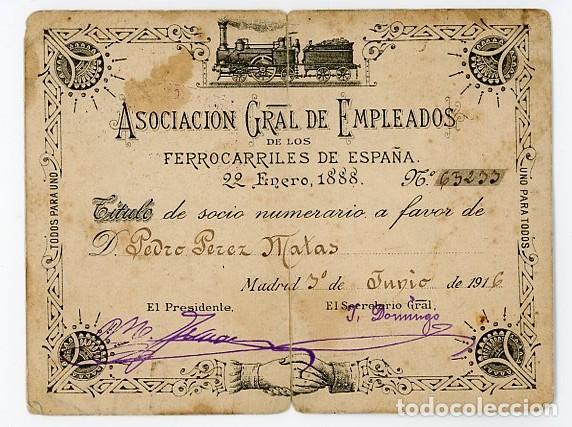 Documentos antiguos: Titulo de socio. ASOCIACION GRAL DE EMPLEADOS DE LOS FERROCARRILES DE ESPA&Ntilde;A. 1916
