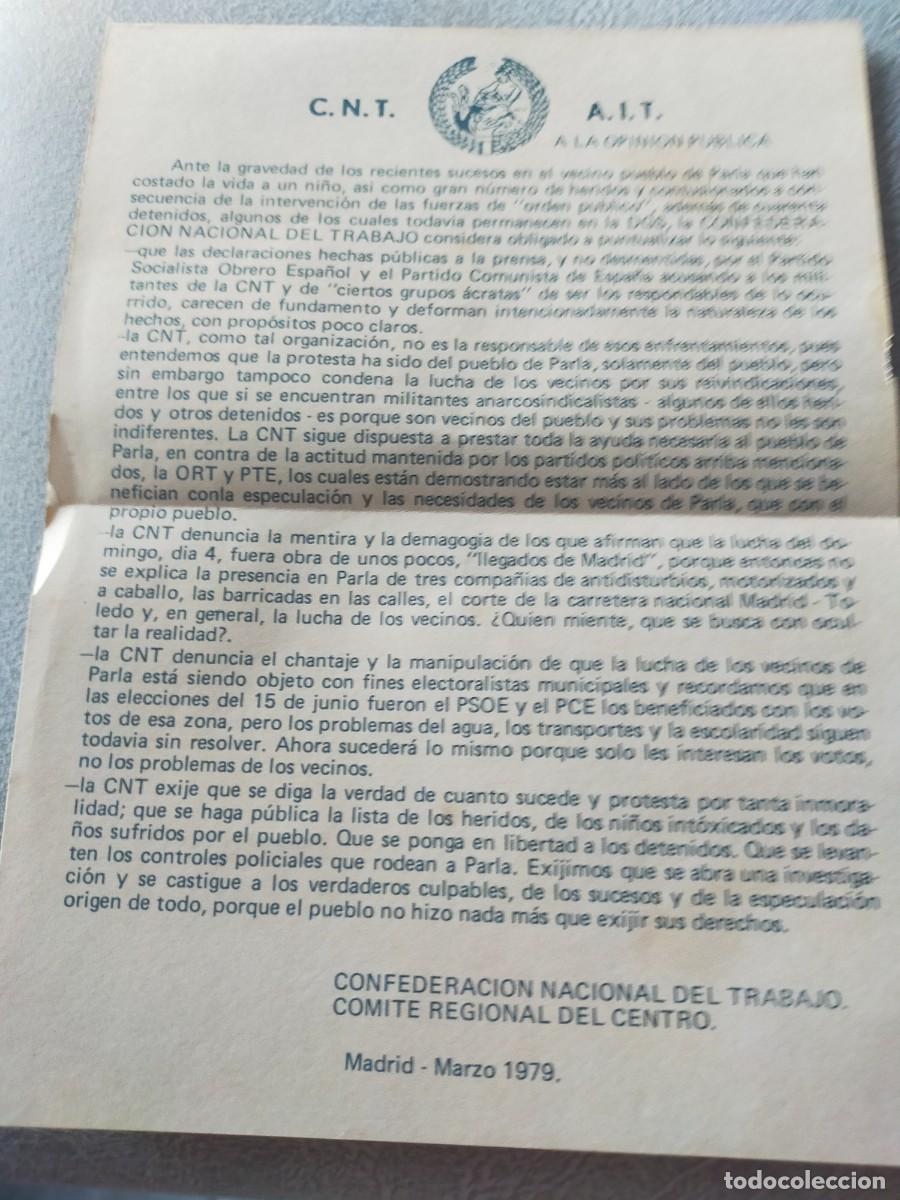 Documentos antiguos: DOCUMENTO DE LA CNT DEL A&Ntilde;O 1979 HABLANDO DE ACONTECIMIENTOS EN PARLA - Foto 1