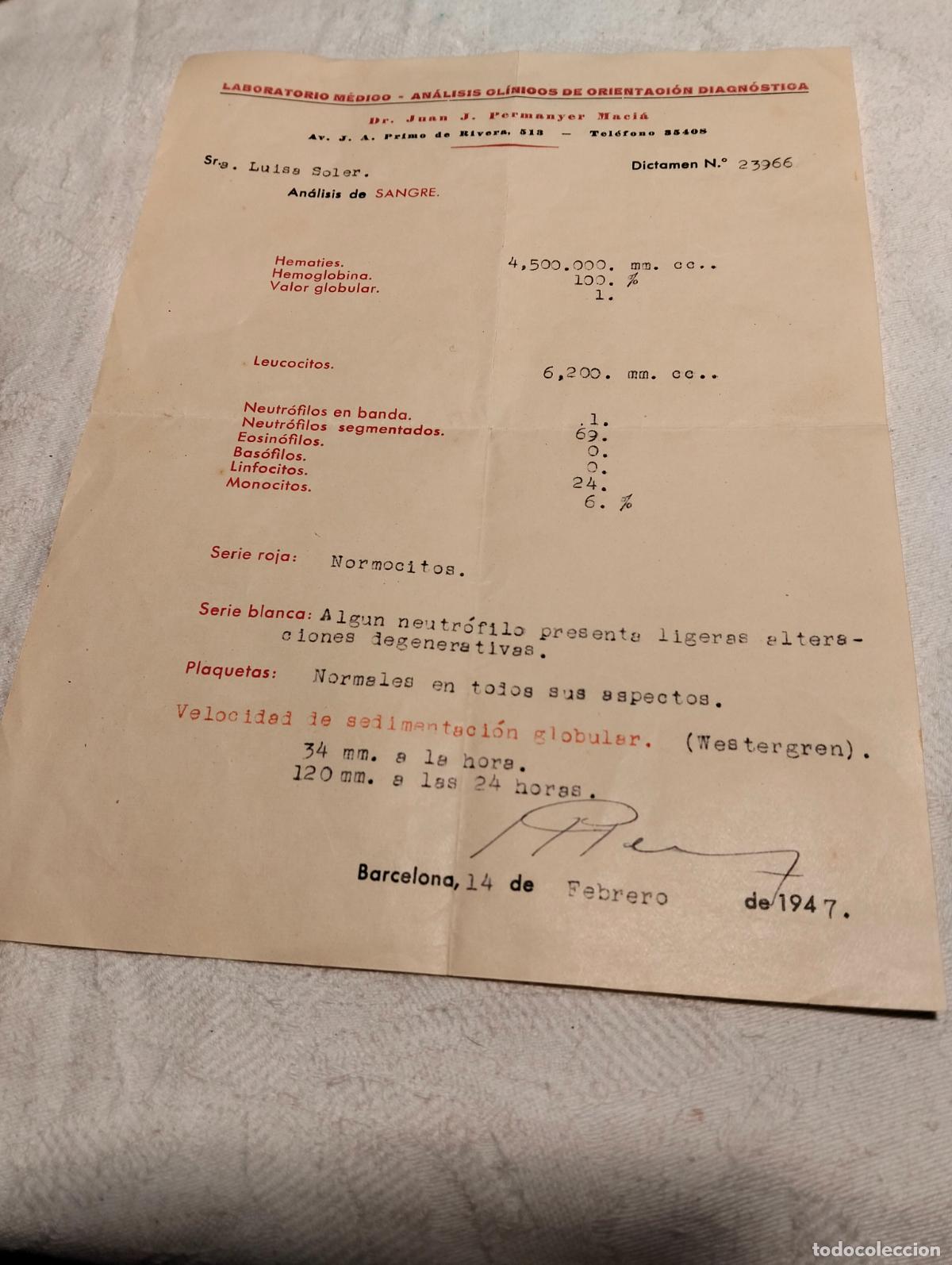 Documentos antiguos: Laboratorio m&eacute;dico an&aacute;lisis cl&iacute;nicos de orientaci&oacute;n diagn&oacute;stica Dr Juan J Permanyer Maci&aacute; 1947