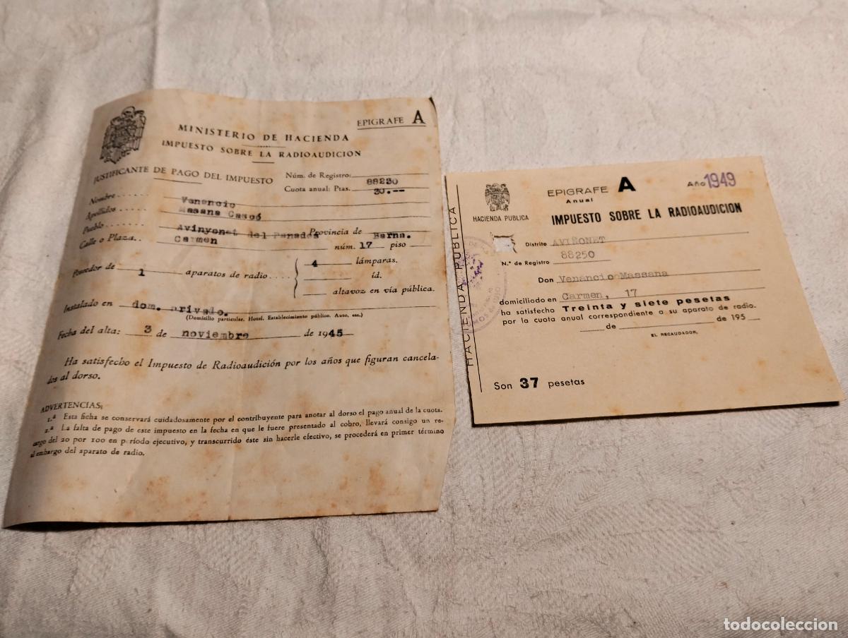 Documentos antiguos: Ministerio de hacienda impuesto sobre la radioaudici&oacute;n justificante de pago 1945 1949 Avinyonet