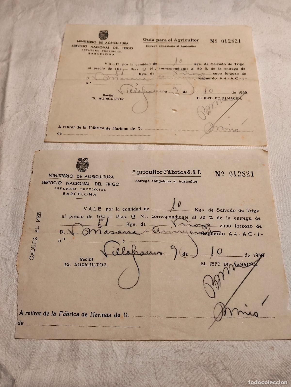 Documentos antiguos: Ministerio de agricultura servicio nacional del trigo agricultor f&aacute;bricas gu&iacute;a Villafranca harinas