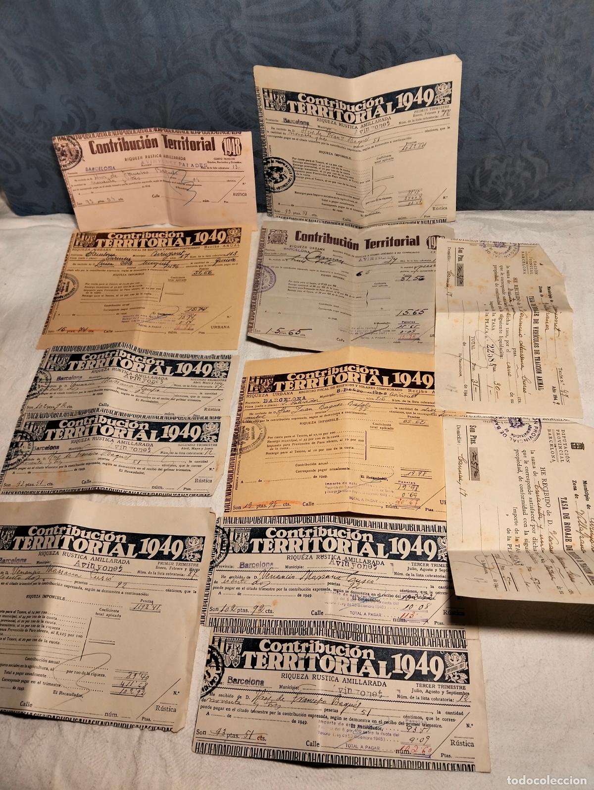 Documentos antiguos: Lote contribuci&oacute;n territorial a&ntilde;os 40, 1948 1949 papeles recibos tasas Avinyonet del Panades Penedes