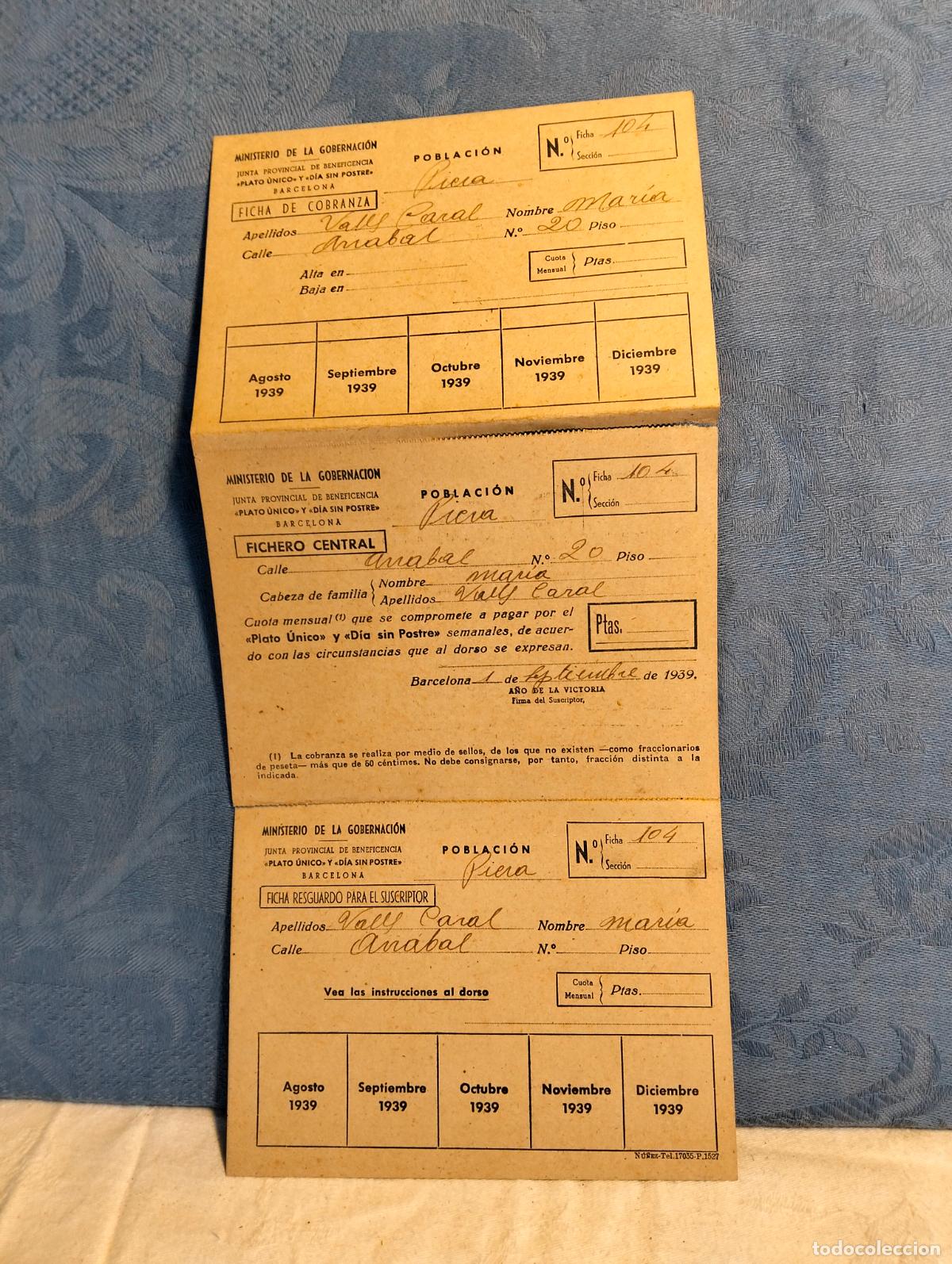 Documentos antigos: Ministerio de la gobernaci&oacute;n ficha de cobranza Piera fichero central a&ntilde;os 30 1939