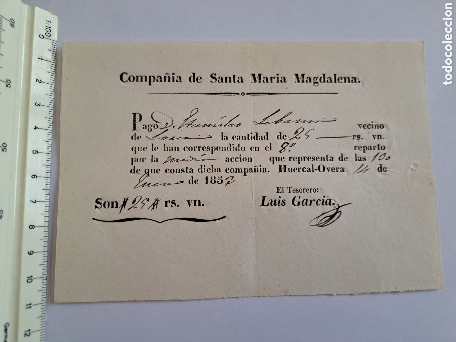 Documentos antiguos: Jml Recibo Cofrad&iacute;a Compa&ntilde;&iacute;a Santa Maria Magdalena, Huercal Overa, Almeria, 1853. Semana Santa. Raro