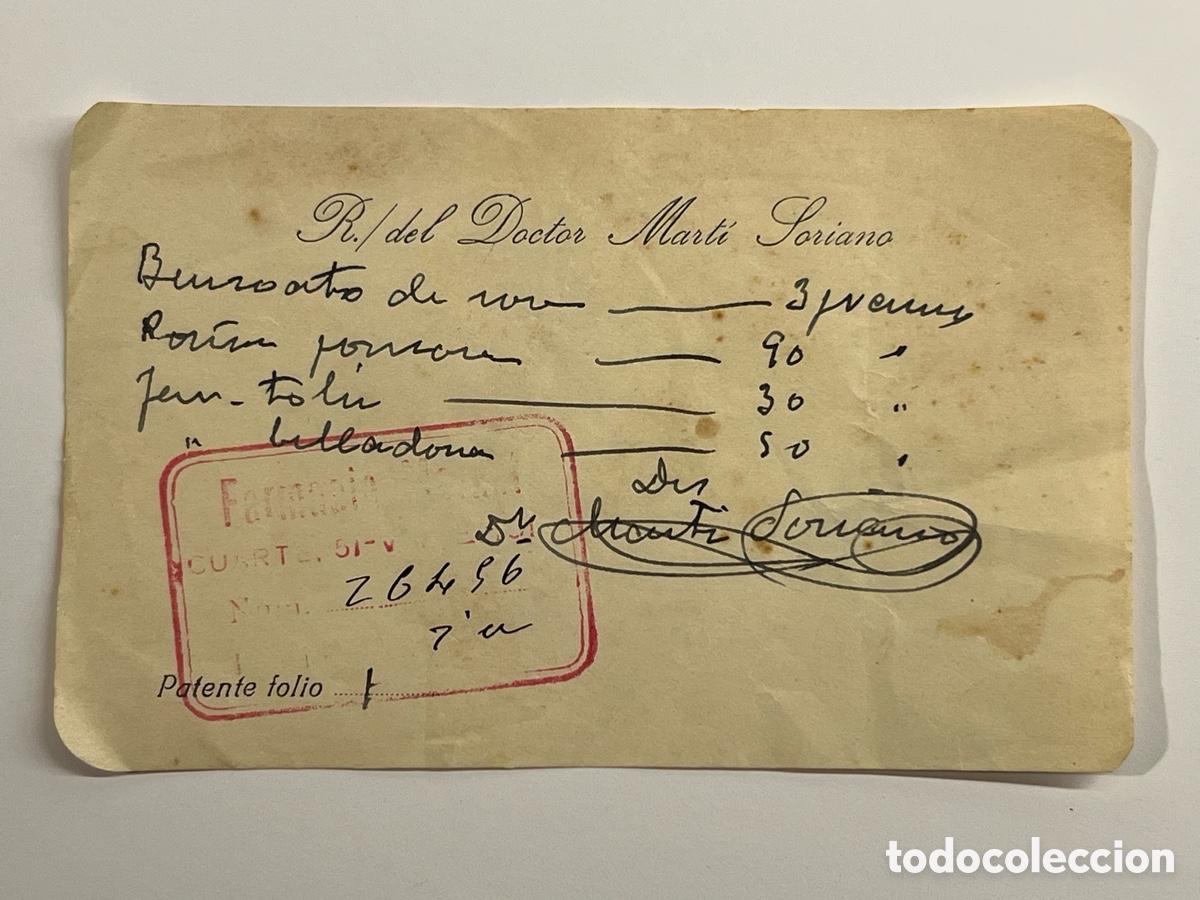 Documentos antiguos: VALENCIA. Receta Farmac&eacute;utica del Dr. Mart&iacute; Soriano (h.1910?)