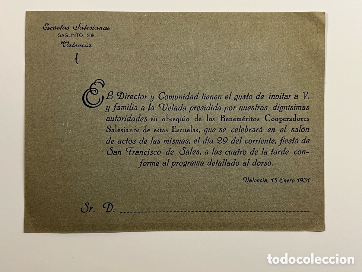 Old Documents: VALENCIA. Escuelas Salesianas. Invitaci&oacute;n Velada Fiesta de San Francisco de Sales (a.1931)
