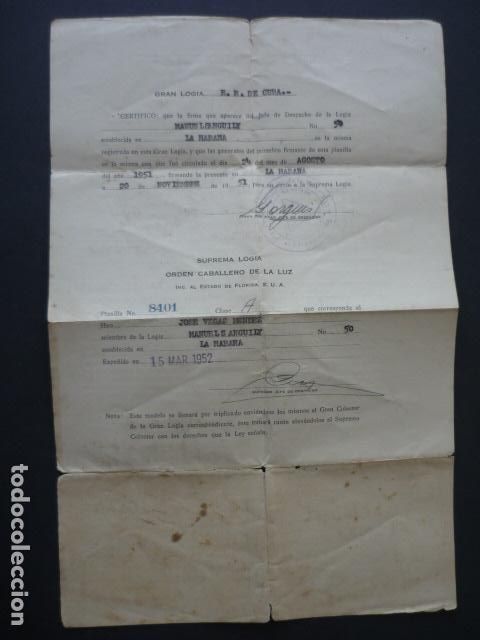 Documentos antiguos: CUBA MASONERIA GRAN LOGIA DEL ESTADO DOCUMENTO 1951 - Foto 2