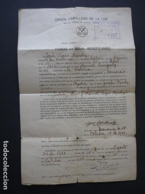 Documentos antiguos: CUBA MASONERIA GRAN LOGIA DEL ESTADO DOCUMENTO 1951 - Foto 1