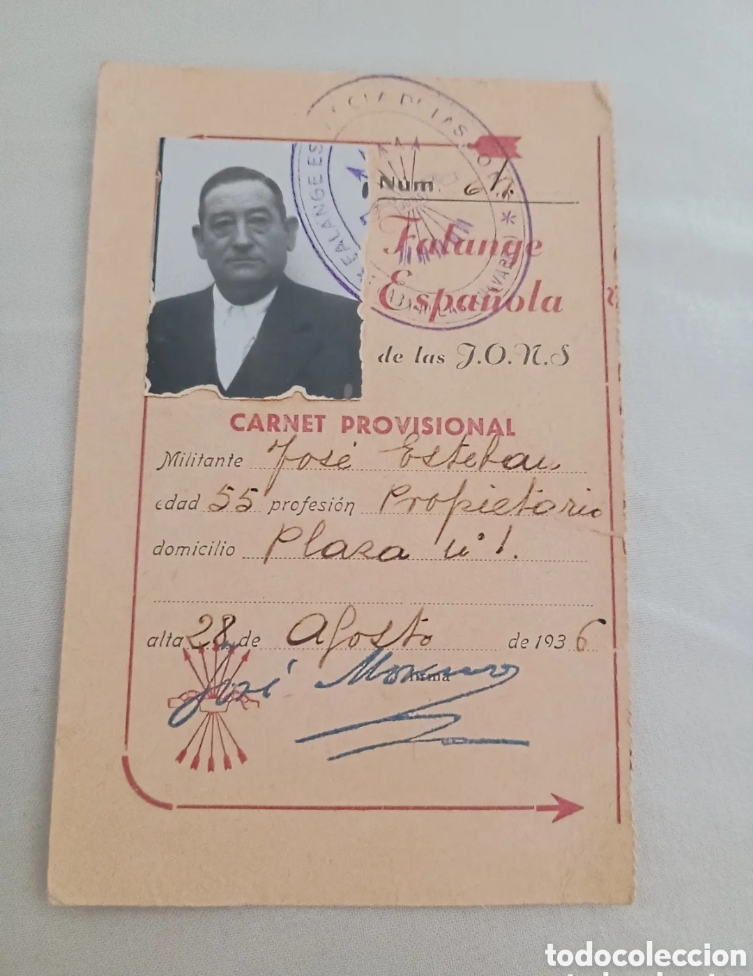 Documentos antiguos: CARN&Eacute; ORIGINAL FALANGE ESPA&Ntilde;OLA DE LAS J.O.N.S. CABANILLAS (NAVARRA) - AGOSTO 1936