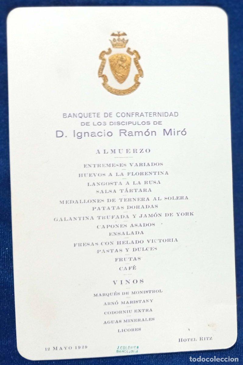 Documentos antiguos: BANQUETE DE CONFRATERNIDAD DE LOS DISC&Iacute;PULOS DE D. IGNACIO RAM&Oacute;N MIR&Oacute;. HOTEL RITZ. BARCELONA, 1929.