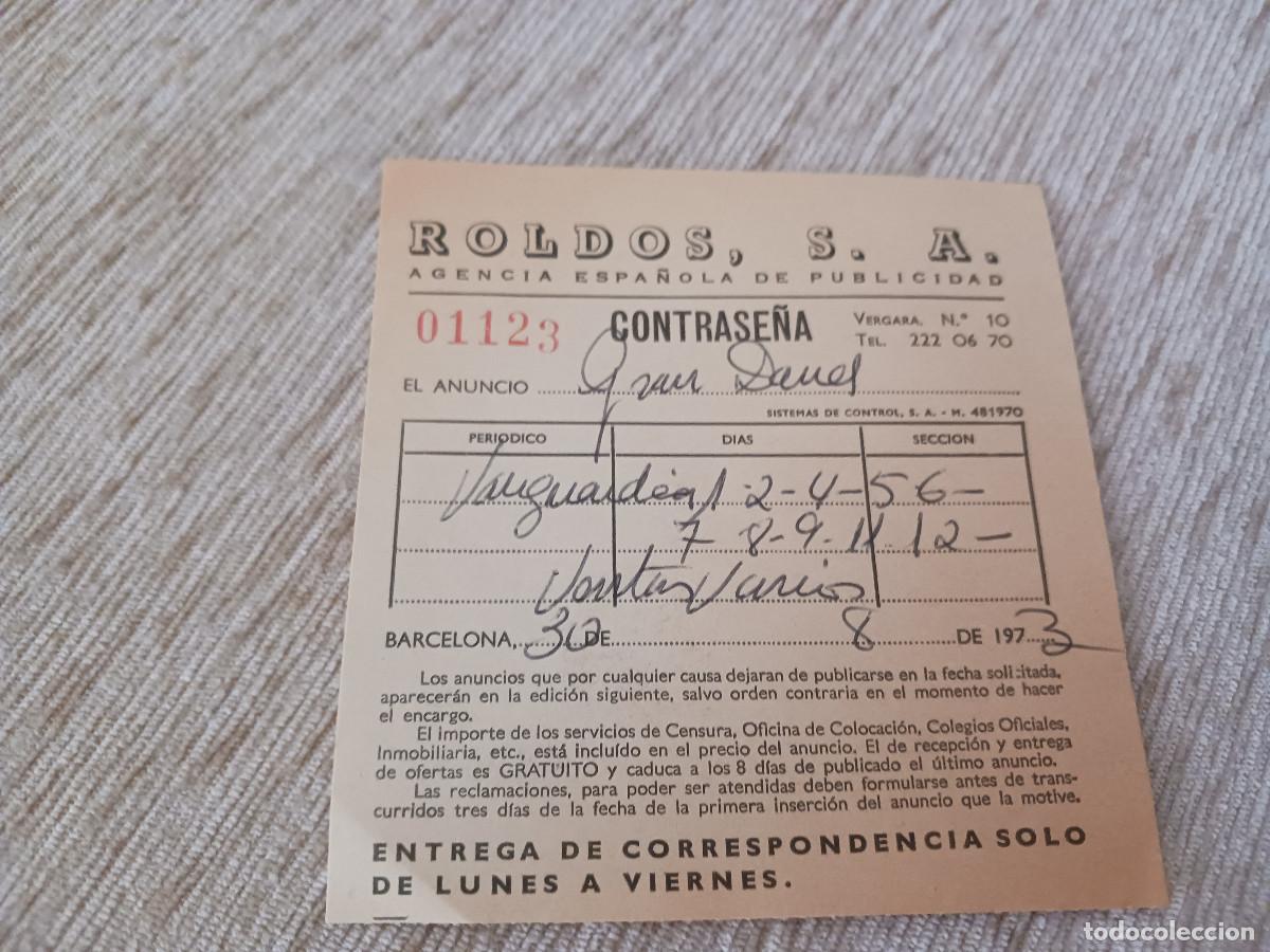 Documentos antiguos: BARCELONA - 1973 ANTIGUO ALBARAN CONTRASE&Ntilde;A DE ANUNCIO ROLD&Oacute;S, VERGARA 10