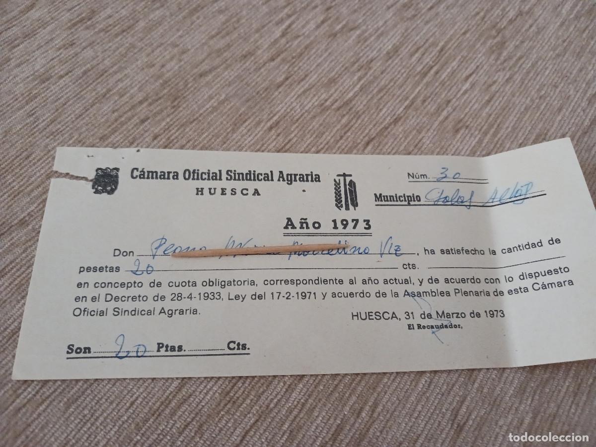 Documentos antiguos: camara oficial sindical agraria de huesca, pago de cuota 1973, municipio salas altas