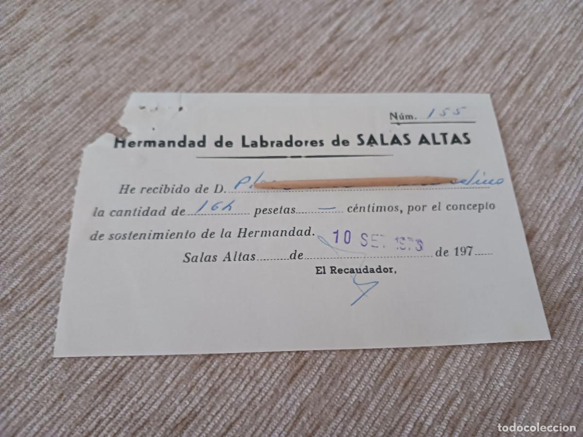 Documentos antiguos: hermandad de labradores de salas altas, cuota por el sostenimiento de la misma 1973