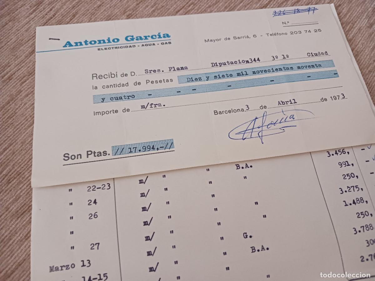 Documentos antiguos: factura de antonio garcia, electricidad agua y gas, barcelona 1973