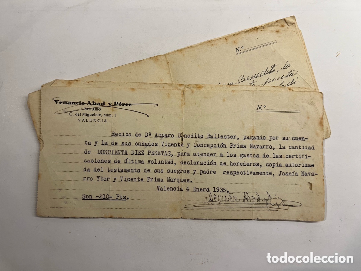 Documentos antigos: VALENCIA EN TIEMPOS DE LA REP&Uacute;BLICA.. Recibos, Costas Notariales, declaraci&oacute;n de herederos (a.1936)