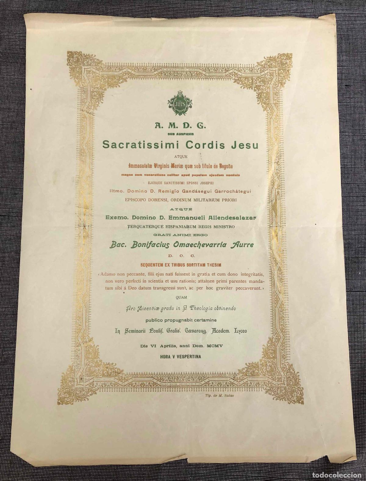Documentos antiguos: CARTEL DEFENSA TESIS EN SAGRADA TEOLOGIA, SEMINARIO PONTIFICIO ZARAGOZA. A&Ntilde;O 1905