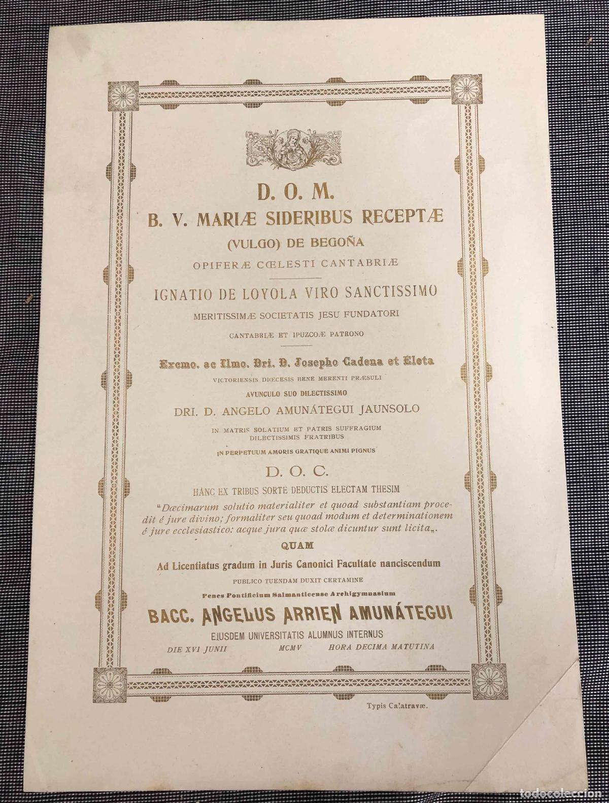 Documentos antiguos: CARTEL DEFENSA TESIS EN DERECHO CANONICO ALUMNO DE SALAMANCA. A&Ntilde;O 1905