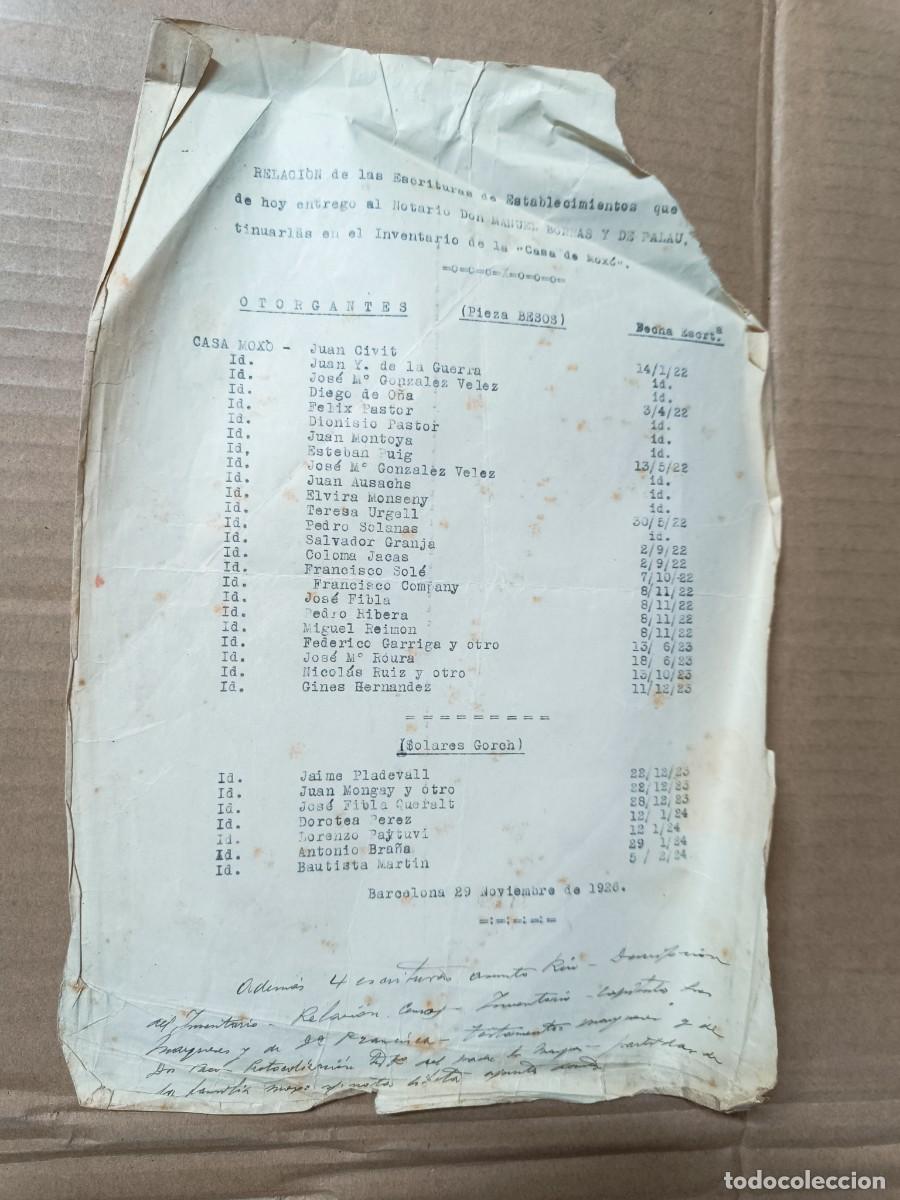 Documentos antiguos: ANTIGUO DOCUMENTO CON RELACION DE ESCRITURAS, INVENTARIO CASA MOIX&Oacute;, 1926 BARCELONA -P22