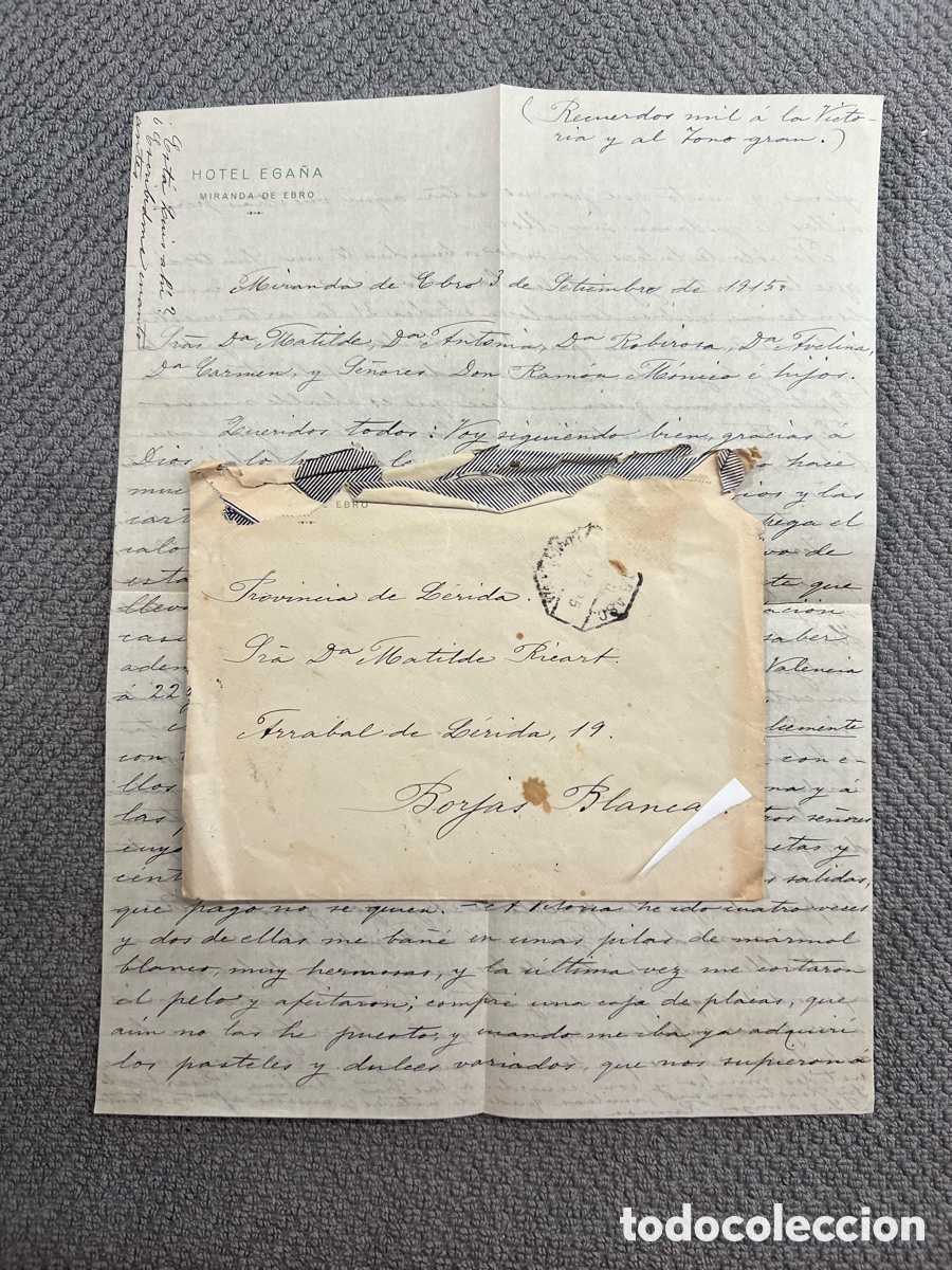 Alte Dokumente: HOTEL EGA&Ntilde;A, Miranda de Ebro. Carta manuscrita a Matilde Ricart.. BORJAS BLANCAS (a.1915)
