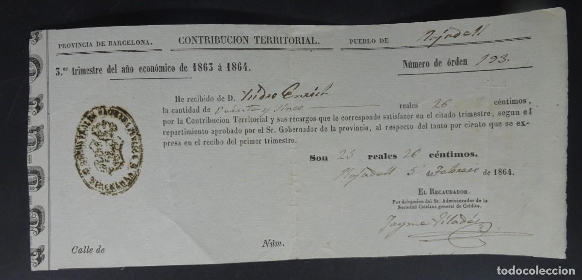 Documents Anciens: ANTIGUO RECIBO CONTRIBUCI&Oacute;N TERRITORIAL, 1864, BARCELONA, VER FOTOS
