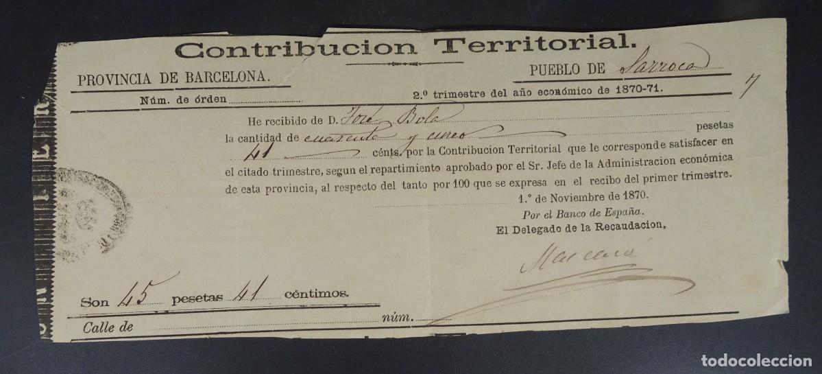 Documentos antigos: ANTIGUO RECIBO CONTRIBUCI&Oacute;N TERRITORIAL, 1870, BARCELONA, VER FOTOS