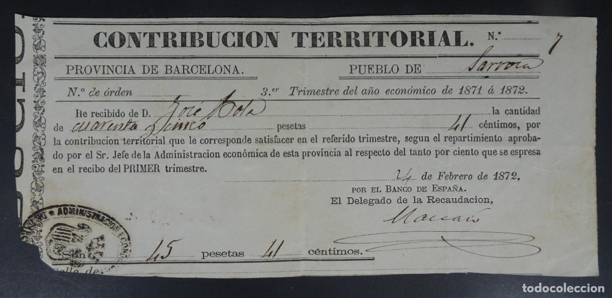 Documentos antigos: ANTIGUO RECIBO CONTRIBUCI&Oacute;N TERRITORIAL, 1872, BARCELONA, VER FOTOS