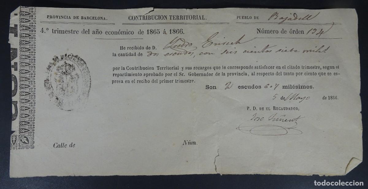 Old Documents: ANTIGUO RECIBO CONTRIBUCI&Oacute;N TERRITORIAL, 1866, BARCELONA, VER FOTOS