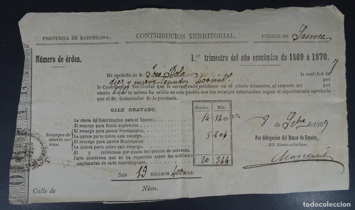 Documentos antigos: ANTIGUO RECIBO CONTRIBUCI&Oacute;N TERRITORIAL, 1869, SARROCA, BARCELONA, VER FOTOS