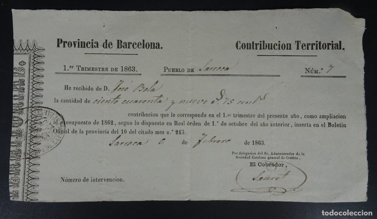 Old Documents: ANTIGUO RECIBO CONTRIBUCI&Oacute;N TERRITORIAL, 1863, SARROCA, BARCELONA, VER FOTOS