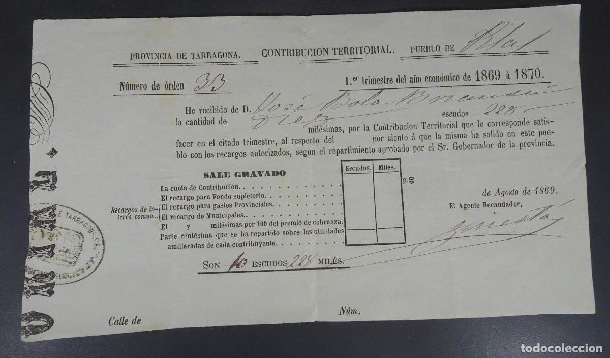 Old Documents: ANTIGUO RECIBO CONTRIBUCI&Oacute;N TERRITORIAL, 1869, TARRAGONA, VER FOTOS