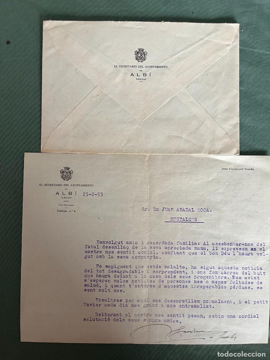 Documentos antiguos: Carta de p&eacute;same del secretario del Ayuntamiento de Albi (L&eacute;rida) FEBRERO DE 1955