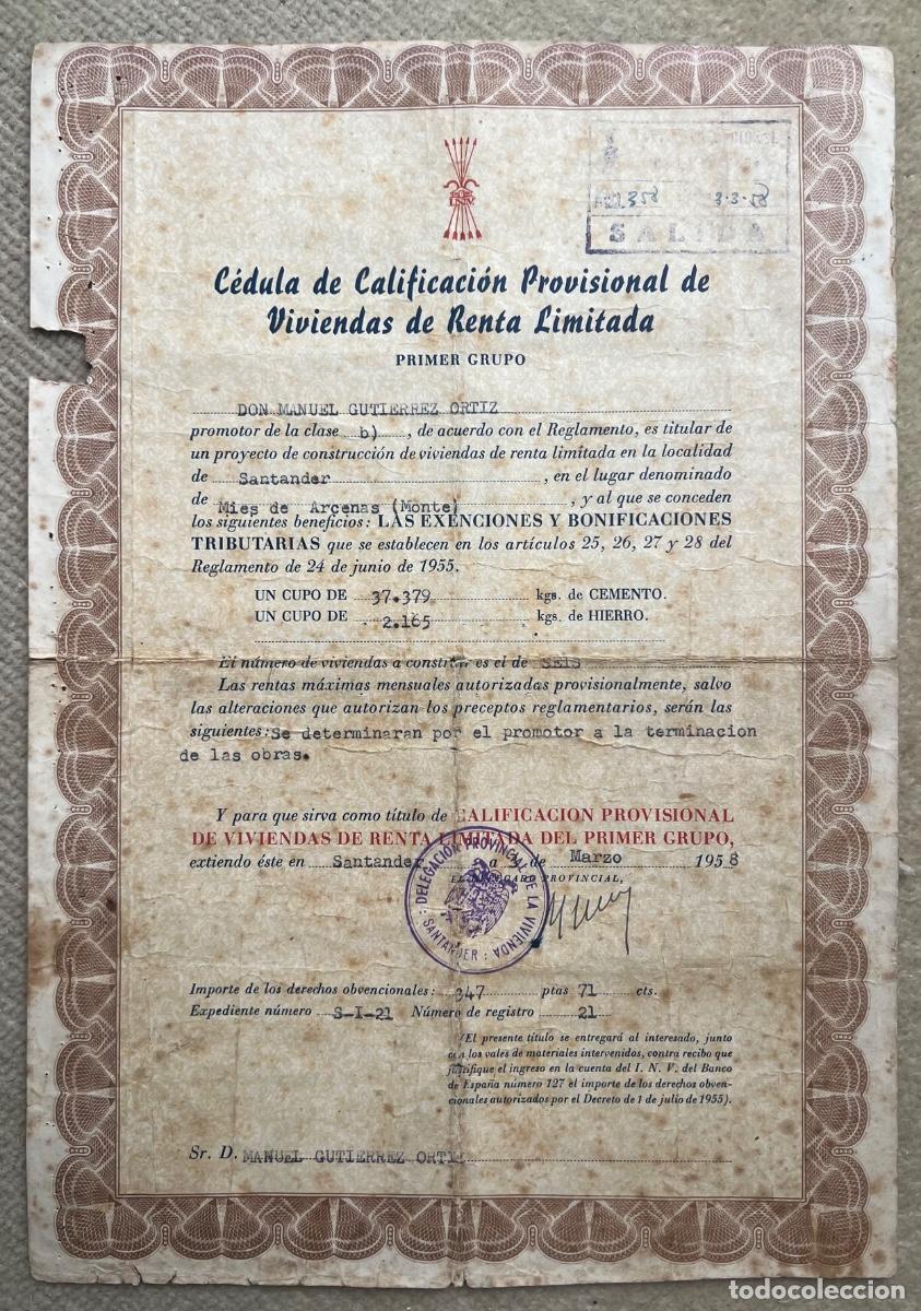 Documentos antiguos: C&eacute;dula de Calificaci&oacute;n Provisional de Viviendas de Renta Limitada - Santander (Monte), 1958