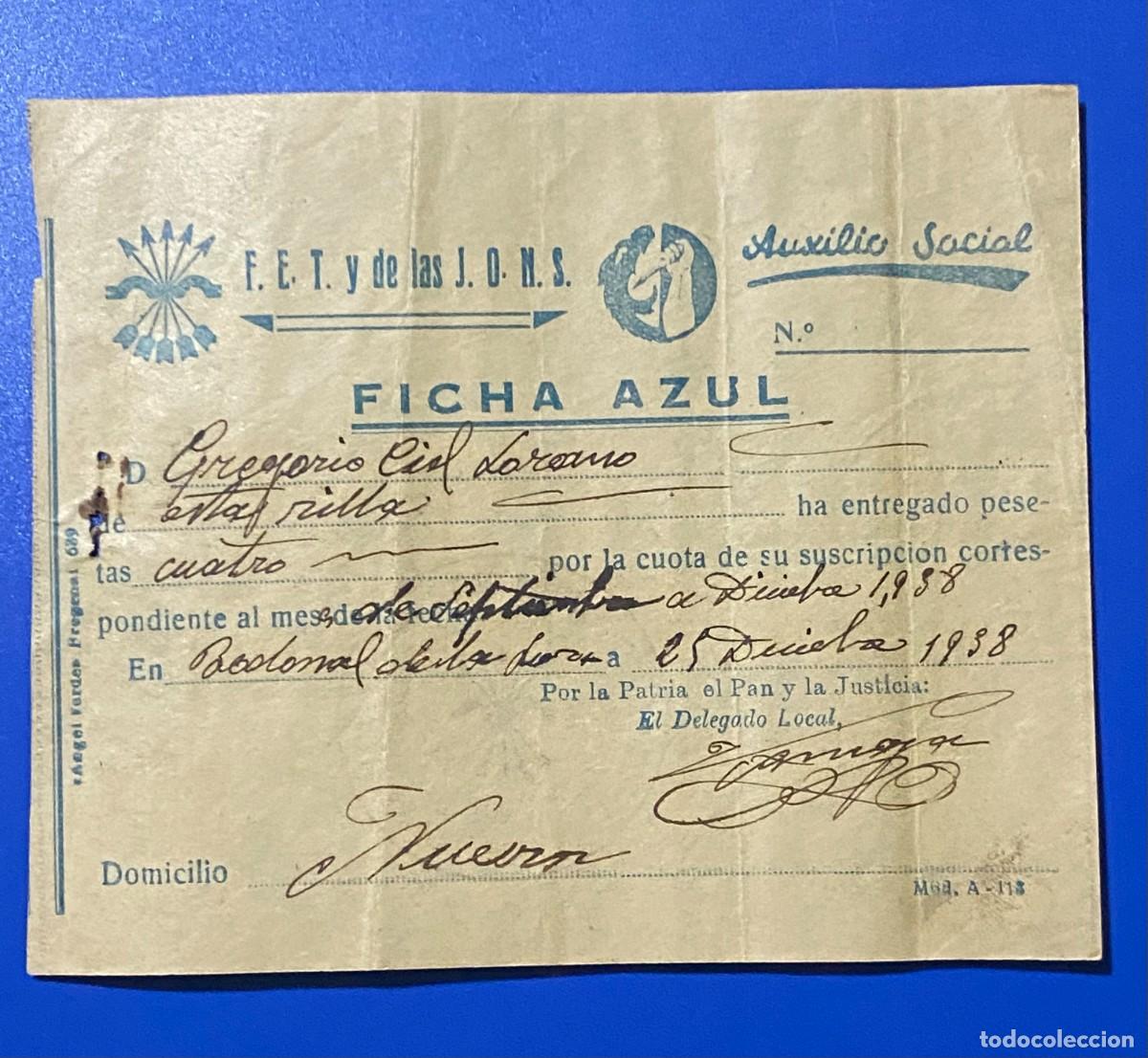 Documentos antiguos: AUXILIO SOCIAL FICHA AZUL 1938