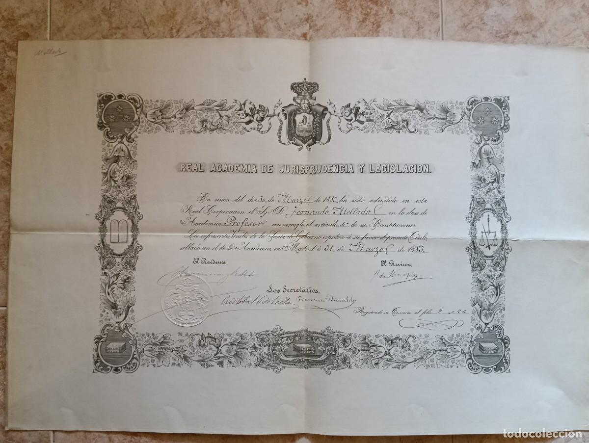 Documentos antiguos: 1883 TITULO DE PROFESOR DE LA REAL ACADEMIA DE JURISPRUDENCIA LEGISLACION. FERNANDO MELLADO LEGUEY