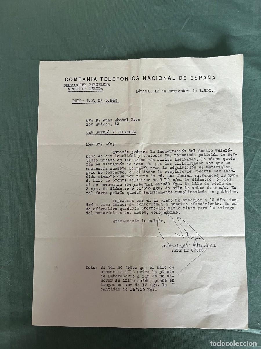 Documentos antiguos: COMPA&Ntilde;&Iacute;A TELEF&Oacute;NICA NACIONAL DE ESPA&Ntilde;A. CARTA RESPUESTA PETICION DE L&Iacute;NEA EN SANT ANTOLI 1953 .