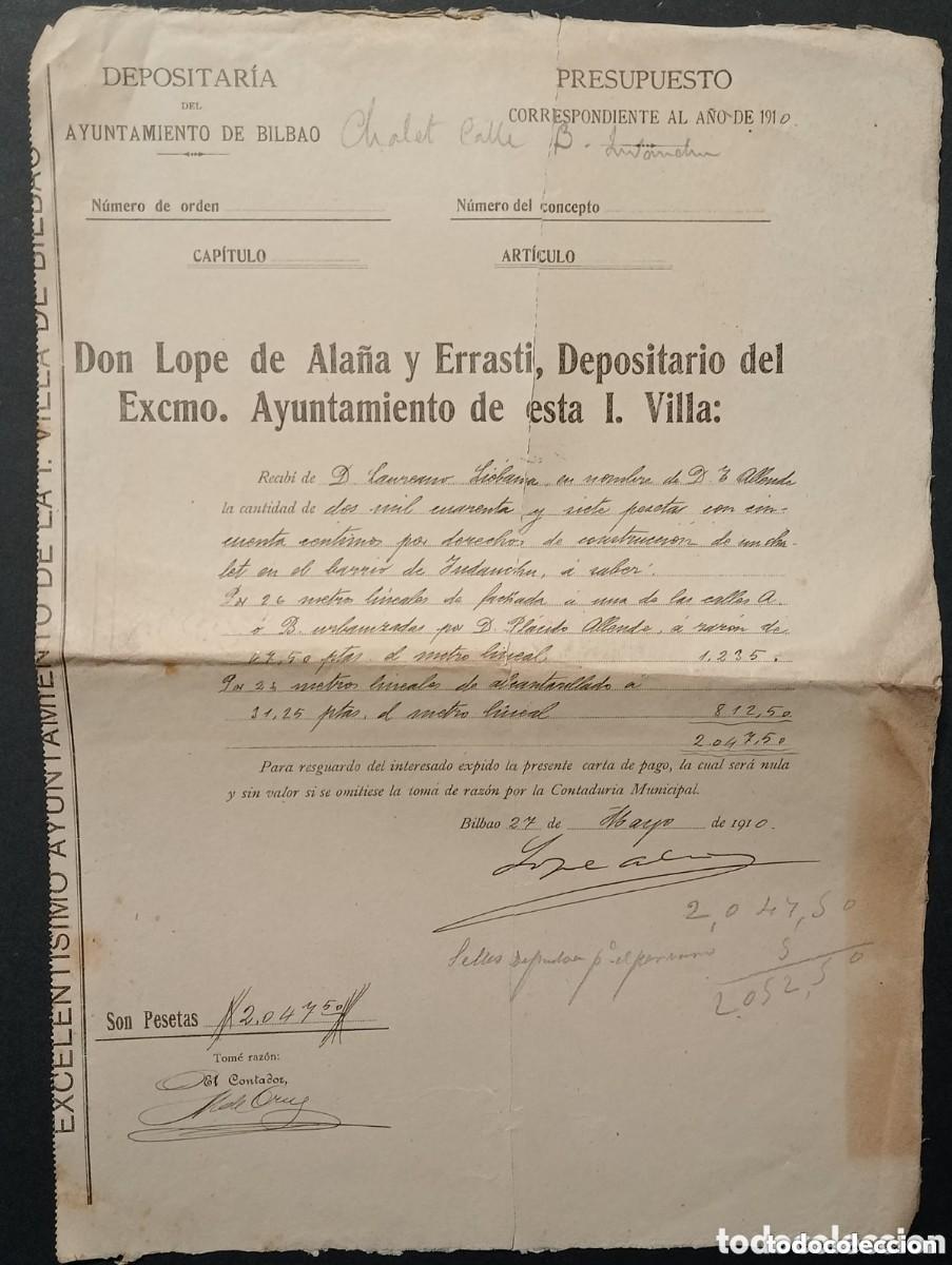 Documents Anciens: PRESUPUESTO A&Ntilde;O 1910. DEPOSITARIA DEL AYUNTAMIENTO DE BILBAO DON LOPE DE ALA&Ntilde;A Y ERRASTI DEPOSITARIO
