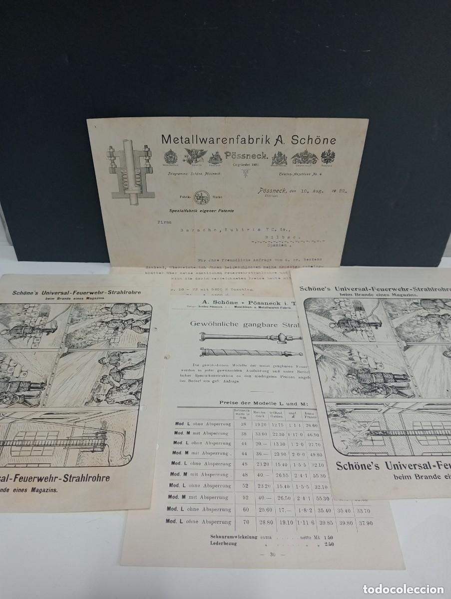 Documentos antiguos: ANTIGUA FACTURA + 3 ILUSTRACIONES APARATOS CONTRA INCENDIOS. METALLWARENFABRIK A. SCH&Ouml;NE. P&Ouml;SSNECK